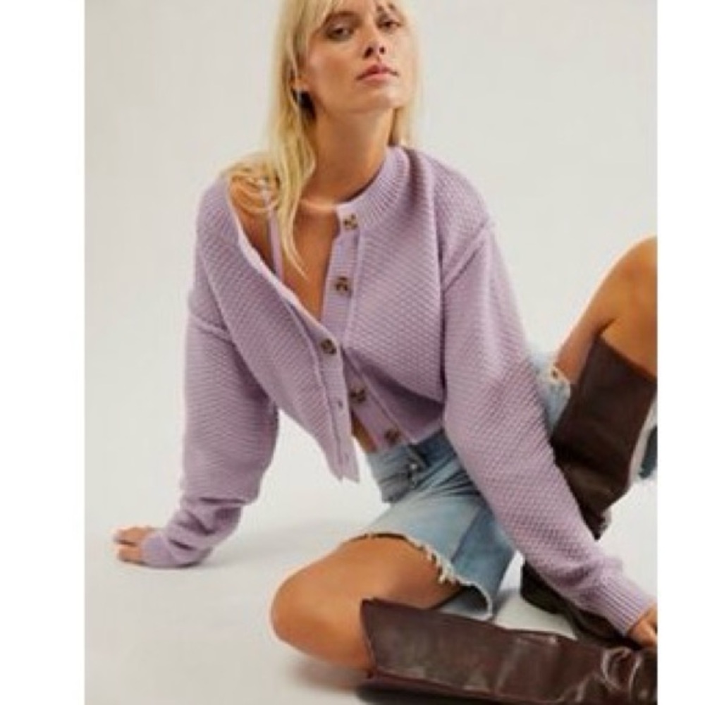Free People Lavender Textured Knit Button-Front Cardigan